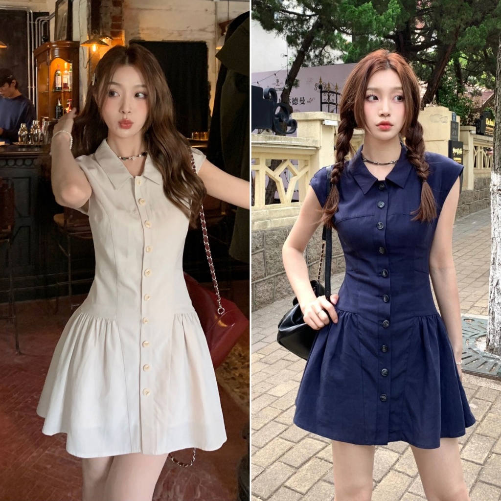 cherryshop🍒พร้อมส่ง ชุดเดรสคอโปโลผู้หญิง เดรสสั้นแขนกุด ผ้ายืดรูปทรงสวย ชุดกระโปรงน่ารัก แฟชั่นมีปุ่ม เซ็กซี่มินิ