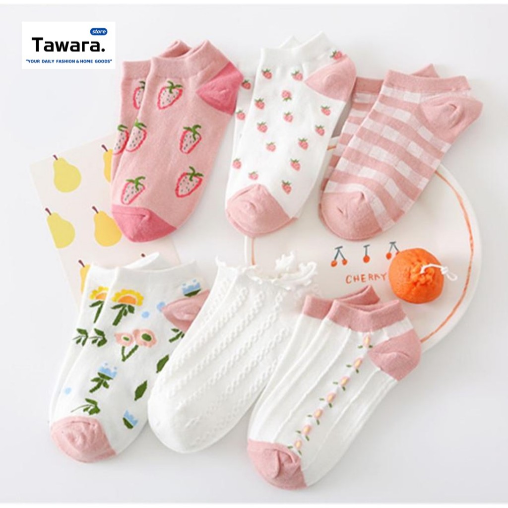 SK-064 ถุงเท้าผู้หญิง ข้อสั้น โทนสีชมพู สตอเบอรี่ ดอกไม้ ลายถัก สีหวาน น่ารัก