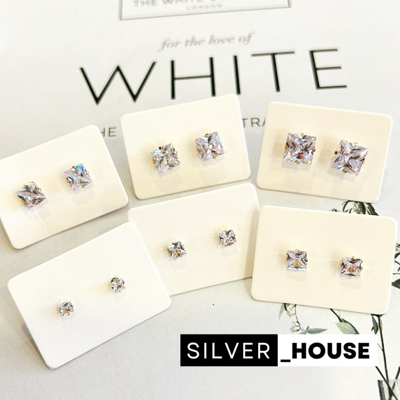 (SE2) ต่างหูเพชร​🔷สี่้หลี่ยมเล่นแสงสำหรับคนแพ้ง่าย sensitive earrings เพชรcz ฝังหนามเตย มีเรือนสีเงิน/สีทอง
