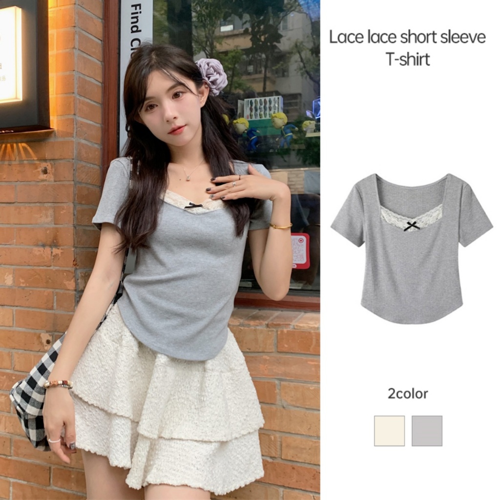 พร้อมส่งจากไทย มี2สี เสื้อยืดแขนสั้น ลูกไม้โบว์ด้านหน้า ทรงเข้ารูป LIVE