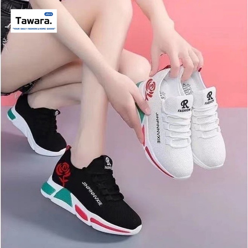 SE-041 รองเท้าผ้าใบผู้หญิง สีพื้น แต่งลายดอกกุหลาบ แฟชั่น ทรงสวย ระบายอากาศได้ดี ใส่ทำงาน ใส่เที่ยวได้