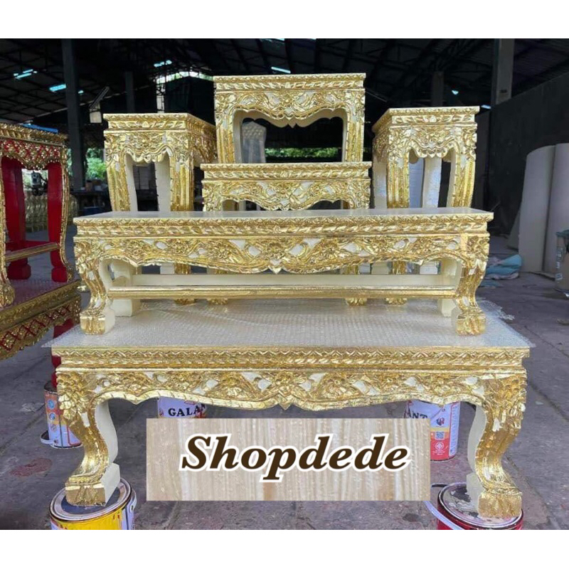 โต๊ะหมู่บูชาหมู่5หน้า8 งานร่องสีแกะสลักปิดทอง ลายดอก ลายพิกุลงานไม้สน