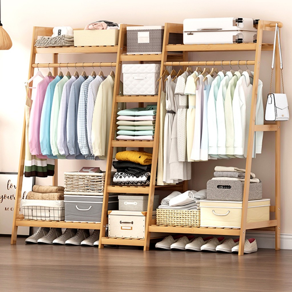 ราวแขวนผ้า ตู้ไม้เสื้อผ้า coat rack ตู้แขวนผ้าพร้อมชั้นวางผ้าในตัว 110ซม. 130ซม. 150ซม 160ซม. 190ซม. Nananatural