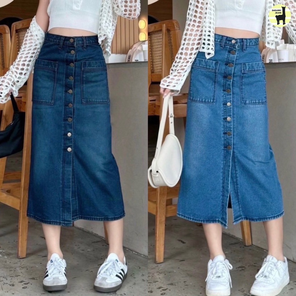 Babarry - Long Denim Skirt [S-5XL] กระโปรงยาว กระดุม กระเป๋าหน้า