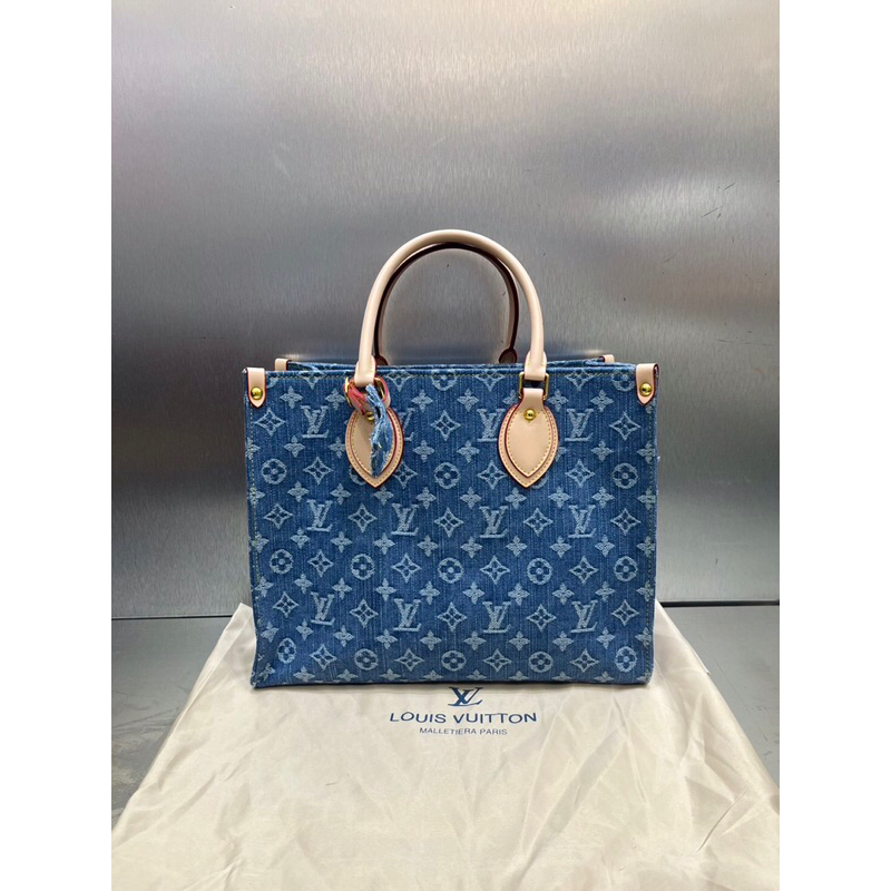 LV ONTHEGO MM MONOGRAM DENIM TOTE BAG