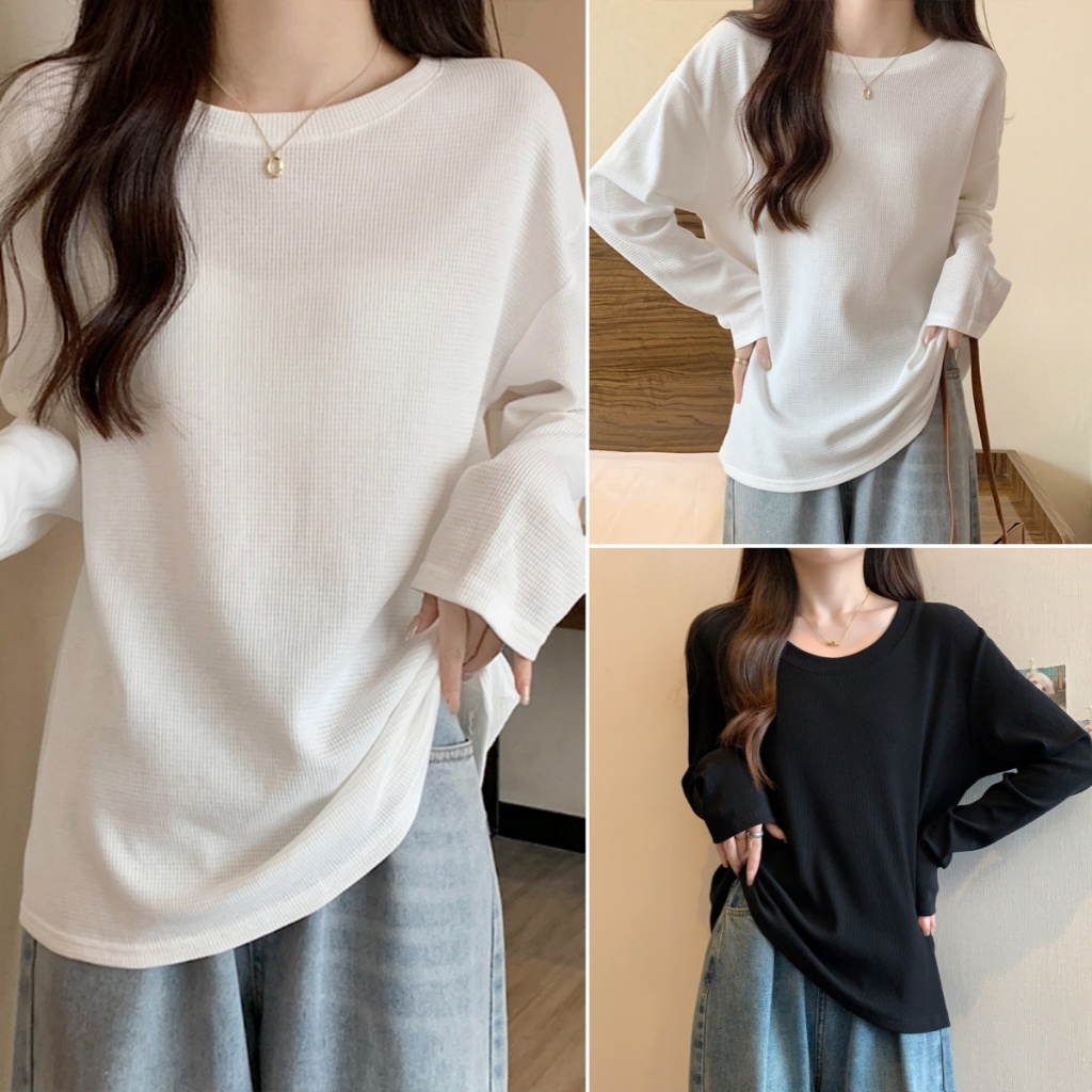 cherryshop พร้อมส่ง เสื้อยืดแขนยาวผู้หญิง ผ้ายืดวาฟเฟิล เสื้อยืดแฟชั่น แขนยาวคอกลม หลวม สะดวกสบาย