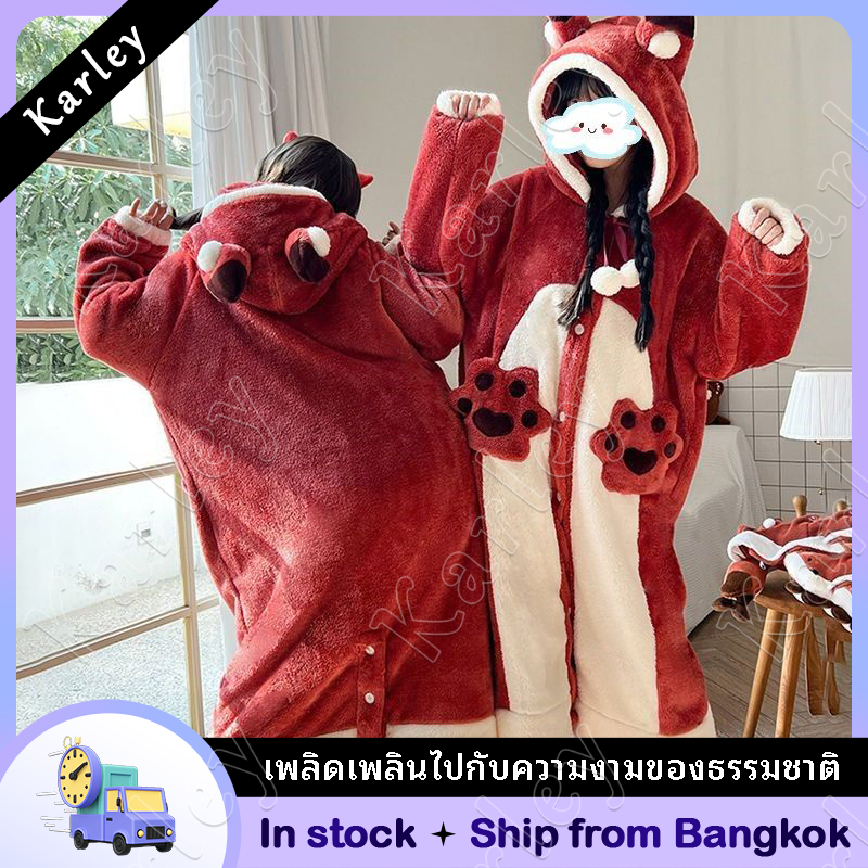 fox ใหม่น่ารักฤดูหนาวหมีชุดนอนหญิงตาข่ายสีแดงหนาผ้าสักหลาดชุดนอนยาวชุดคลุมอาบน้ํา pajamas