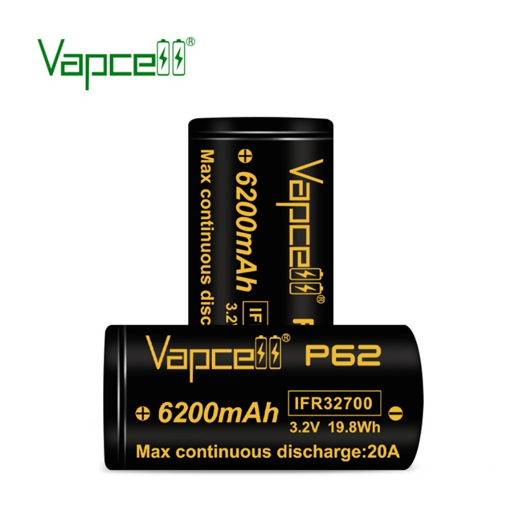 [หัวแบน] ถ่านชาร์จ 32700 Vapcell P62 IFR32700 3.2V 6200mah 20A สีดำ