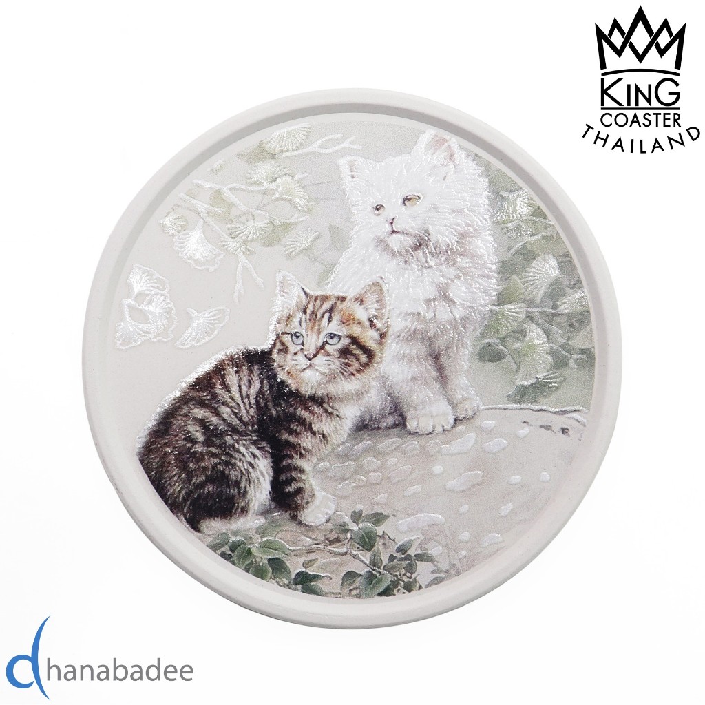 จานรองแก้วดูดน้ำ ทรงกลมมีขอบ R10054 KITTY-02 ที่รองแก้วซับน้ำ King Coaster  ธนบดีเซรามิค ceramic coaster ของฝาก