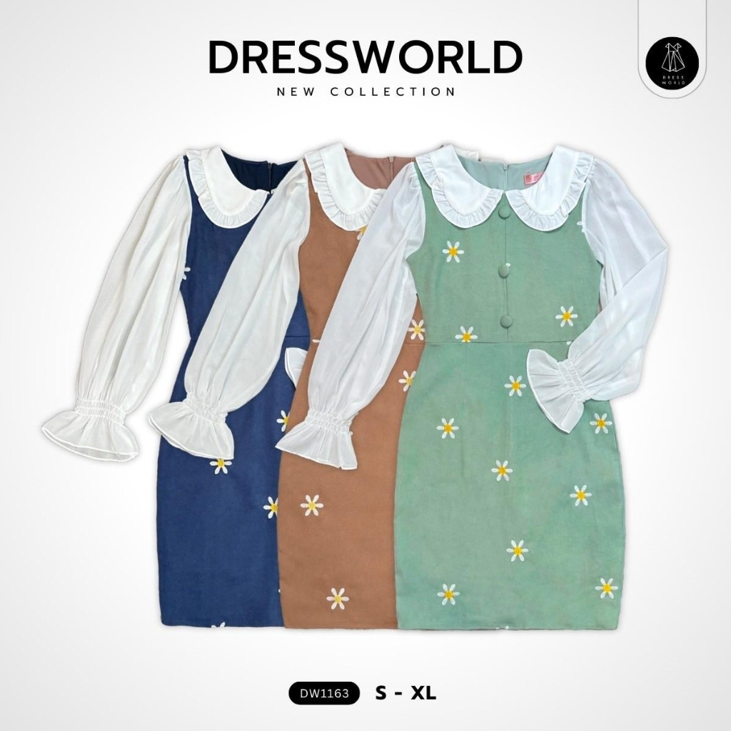 {S-XL} 1163 งานป้าย Dress World เดรสสั้นแขนยาว ทรงสอบ ลายดอก น่ารักใส่ได้ทุกงานจ้าา