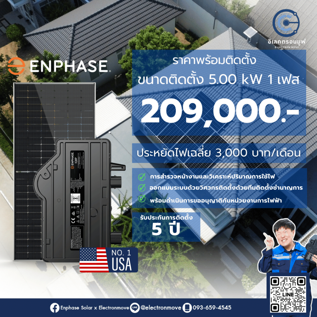 โซลาร์รูฟท็อป Enphase Solar Cell แบบ Micro Inverter 5.00 kWp ระบบ 1เฟส