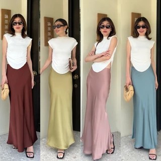🔖StudioX2 #9917 SATIN MAXI SKIRT กระโปรงผ้าซาตินเอวขอบเรียบ เย็บยางยืดซ่อนด้านใน มีซิปข้างตัว ชายบานเบา ผ้าทิ้งตัว
