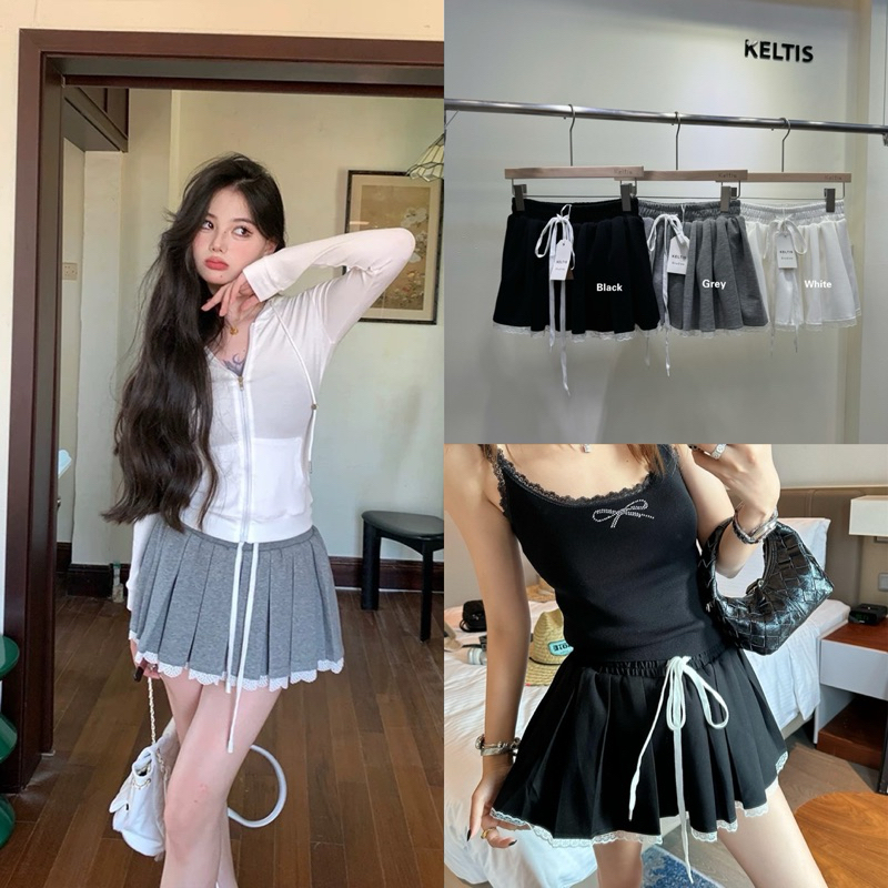 Gang_jeans#721(K)พร้อมส่ง กระโปรงSport แต่งปลายลูกไม้ มีเชือกผูกหน้าปรับเอวได้