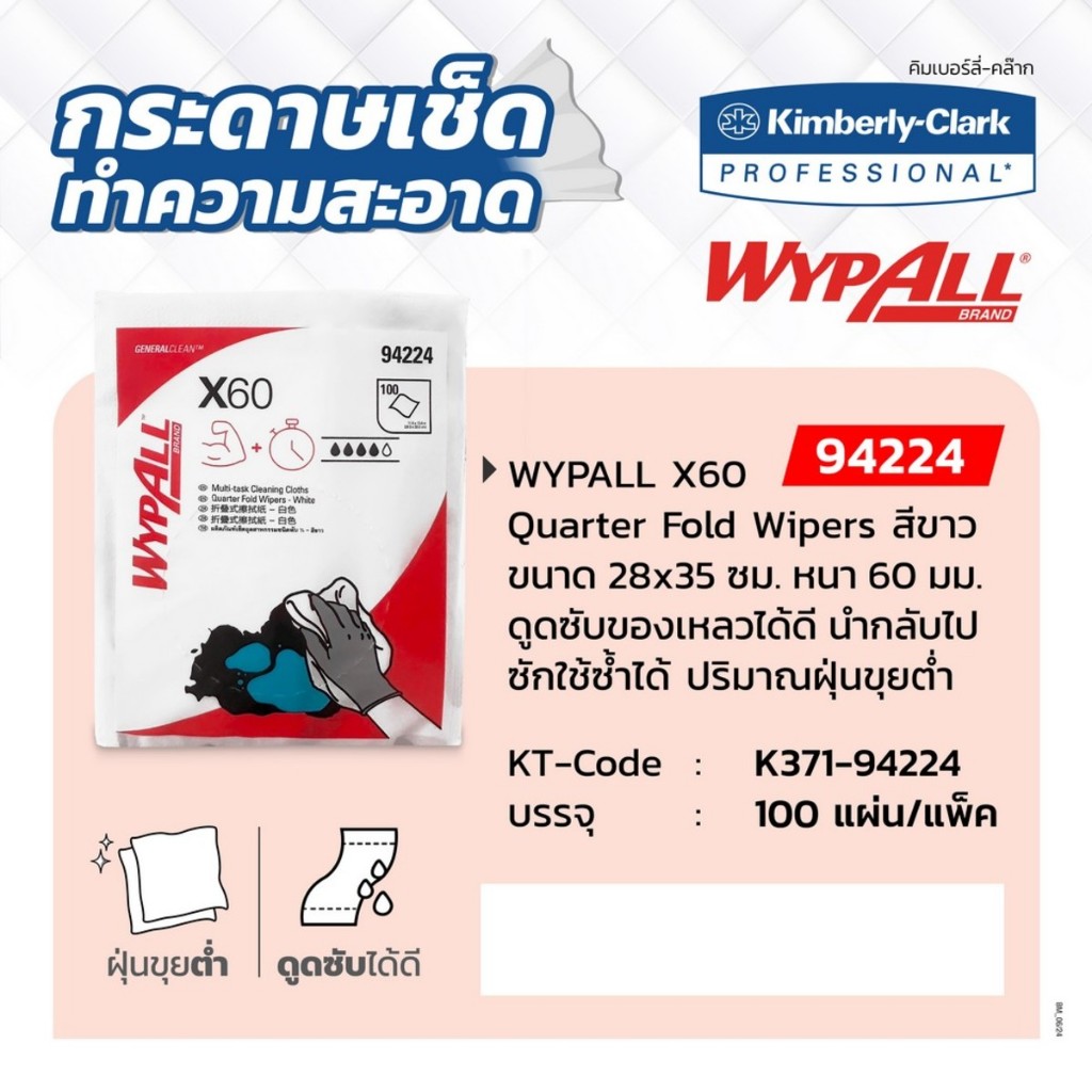 (KIMBERLY CLARK) รุ่น 94224 Wypall X60 Quarter Fold Wipers ขนาด 28x35 ซม. หนา 60 มม.