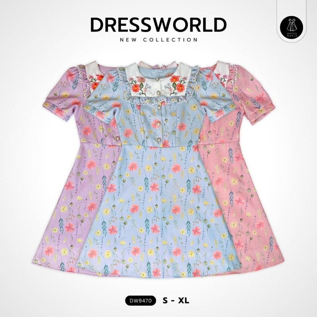 {S-XL} 9470 งานป้าย Dress World เดรสสั้นทรงบาน ลายดอก คอแต่งปักลายดอก น่ารักฝุดๆ ไปเลยจ้า