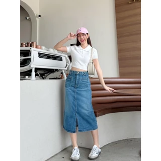 กระโปรงยาวยีนส์เอวสูงผ้าไม่ยืดสีพื้นฐานมีS-5XLถึงไซส์ใหญ่bigsize