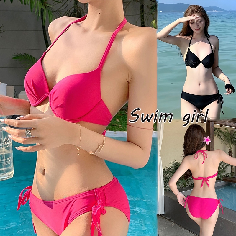 swim girlบิกินี่ มีโครง เอวต่ํา เซ็ต2ชิ้น bikini set ผูกคอ ส่งไวจากไทย