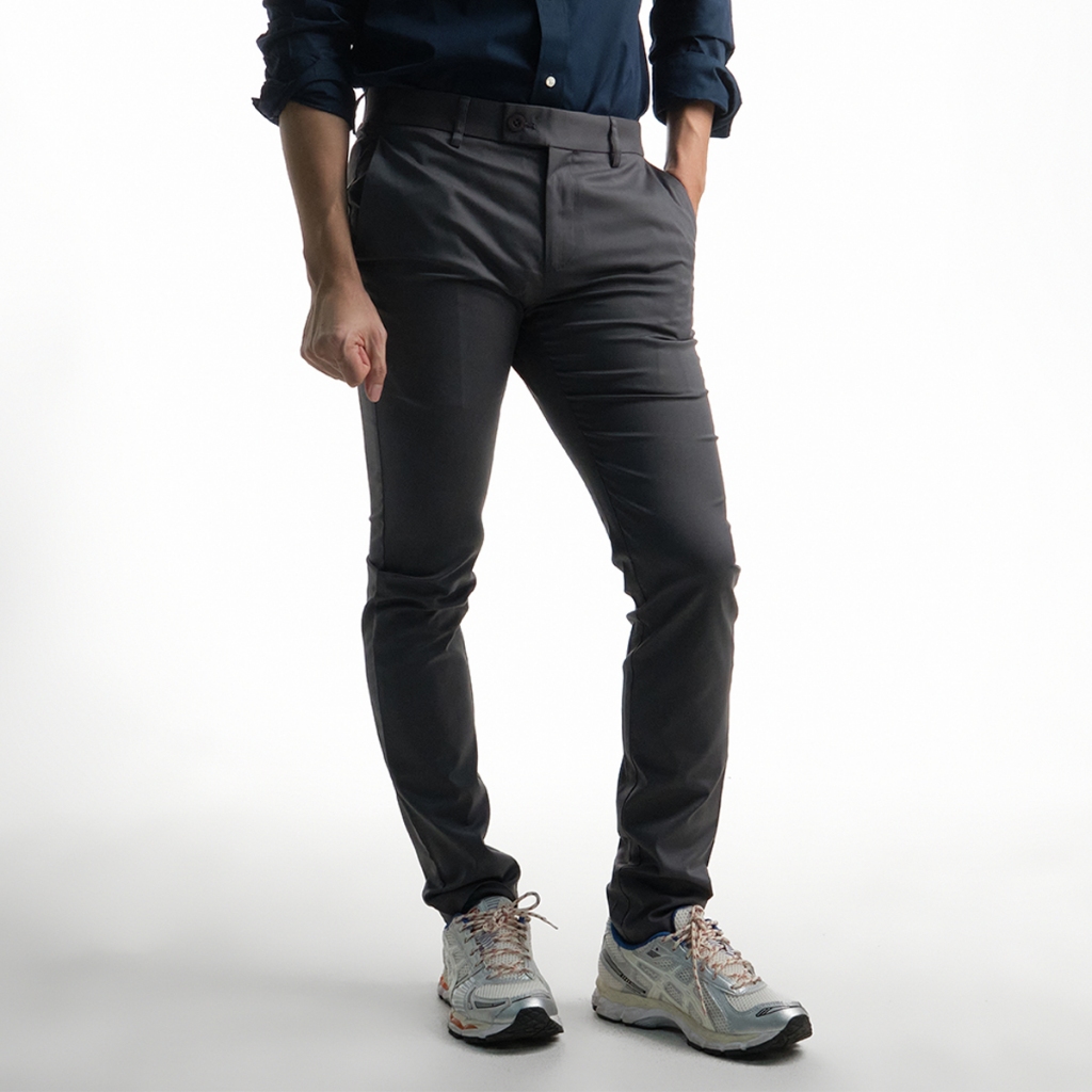 era-won กางเกงสแลคขายาว ทรง super skinny (กระบอกเล็ก) เอวยางยืด รุ่น Workday University - R สี Dark Grey