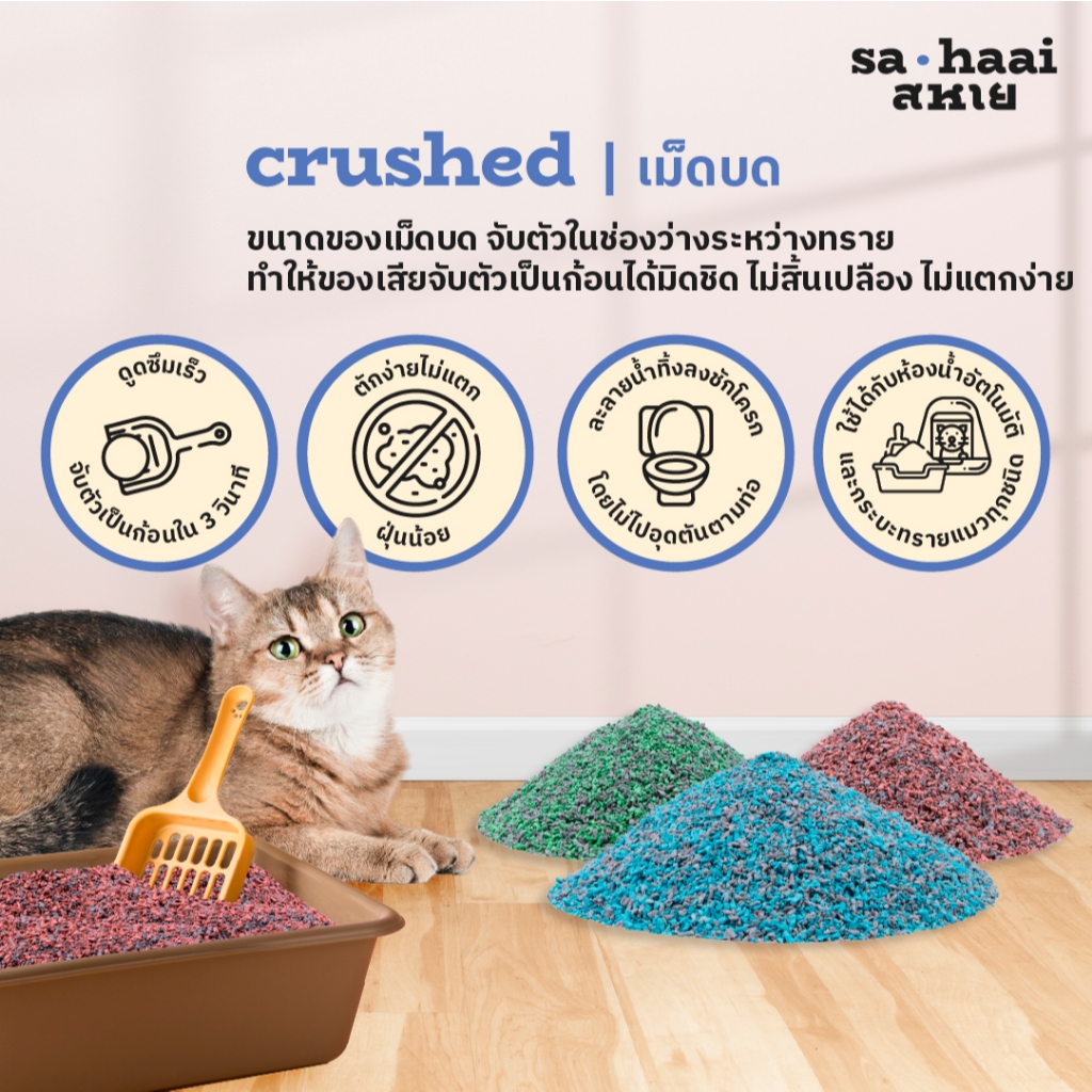 sahaai (สหาย) crushed tofu cat litter ทรายแมวเต้าหู้บด ชนิดบดผสมคาร์บอน