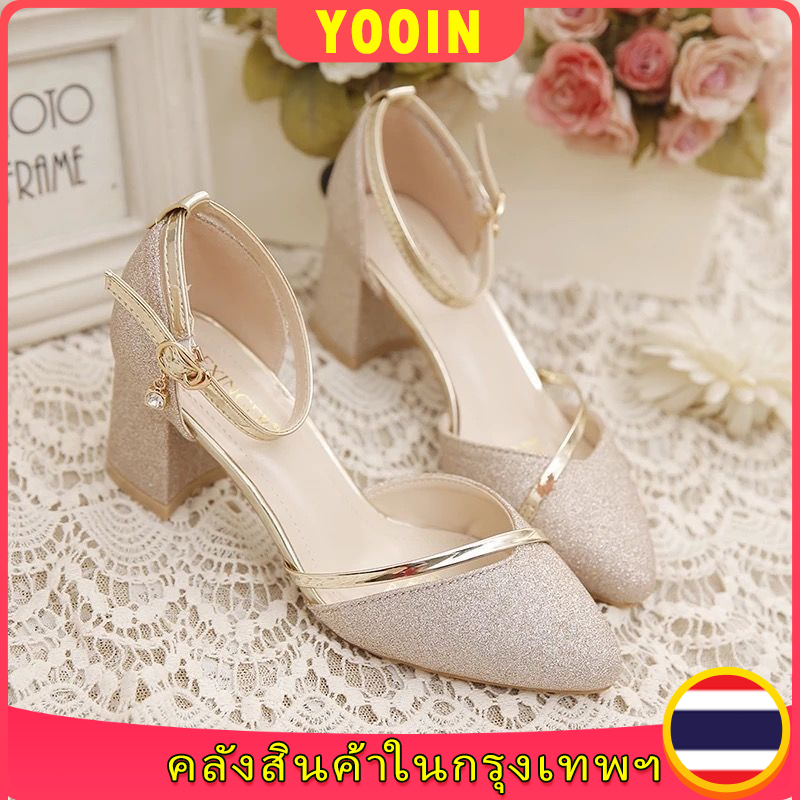 พร้อมส่ง ผู้หญิงฤดูใบไม้ผลิและฤดูใบไม้ร่วงใหม่เลื่อมแต่งงานรองเท้าทั้งหมดจับคู่ส้นหนาหัวเข็มขัดเพื่อนเจ้าสาวกลางส้นเท้า