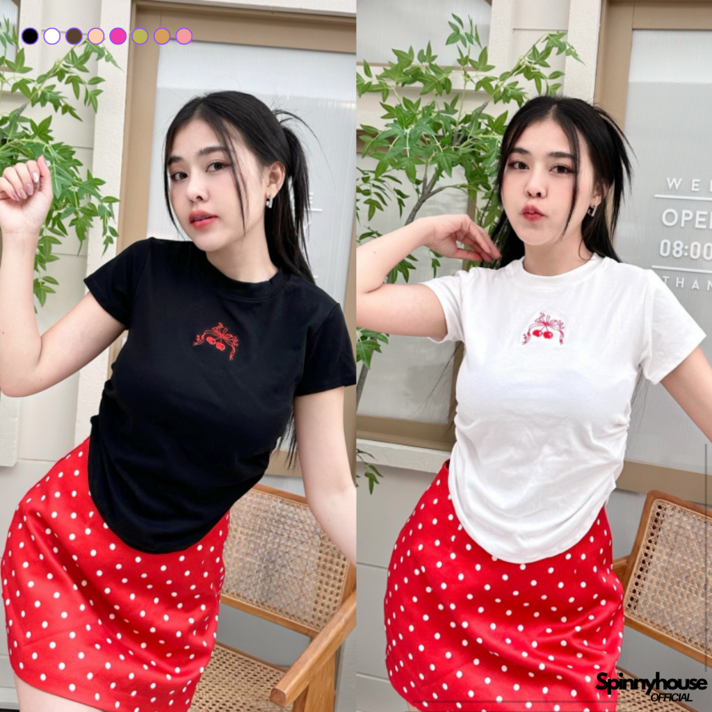 SpinnyHouse เสื้อครอปทรงคอกลมแขนสั้น ปักเชอรี่วิ้ง แต่งย่นข้าง พรางหุ่น ทรงรัดรูป ผ้ายืดตามตัว รุ่น ปักเชอรี่วิ้ง