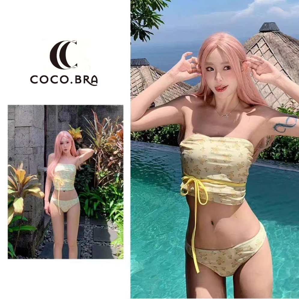 🌸พร้อ​มส่ง🌸ชุดว่ายน้ำหญิง ทูพีช เกาะอก ดอกไม้สีเหลือง