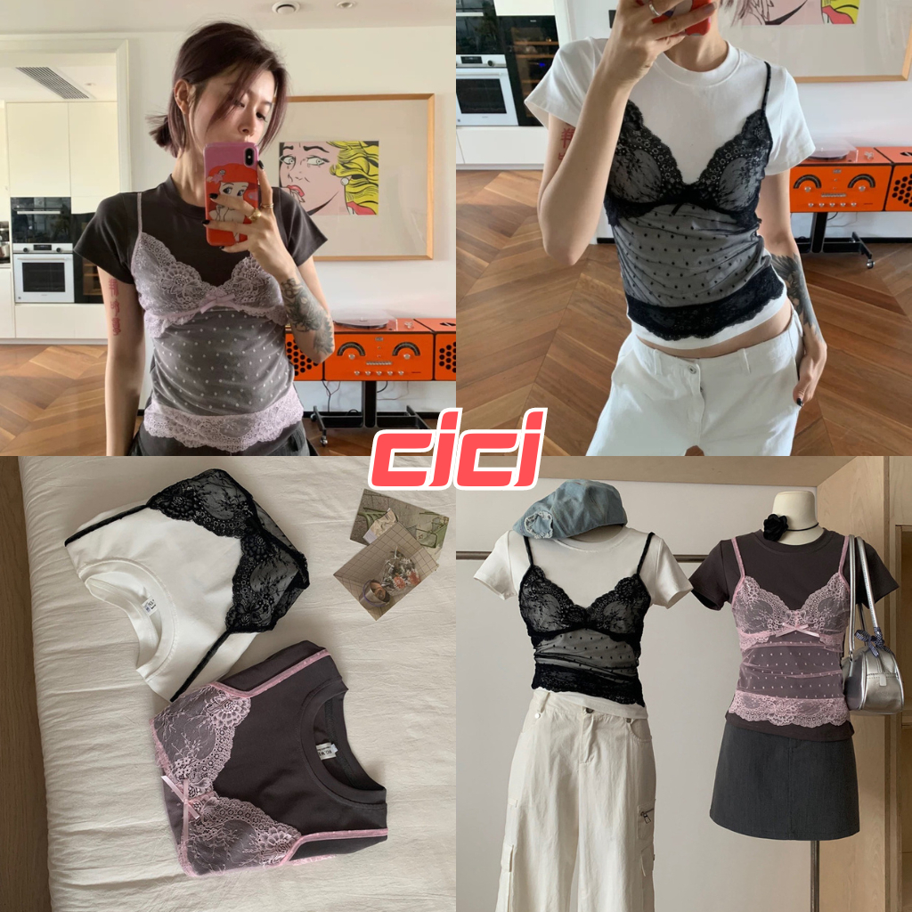 ส่งทันที Cici(NO. J1291)เสื้อยืดผ้าเรยอนคอกลม แต่งสายเดี่ยวลูกไม้เย็บติด แขนตัดใส่แล้วแขนเล็ก สไตล์น่ารัก