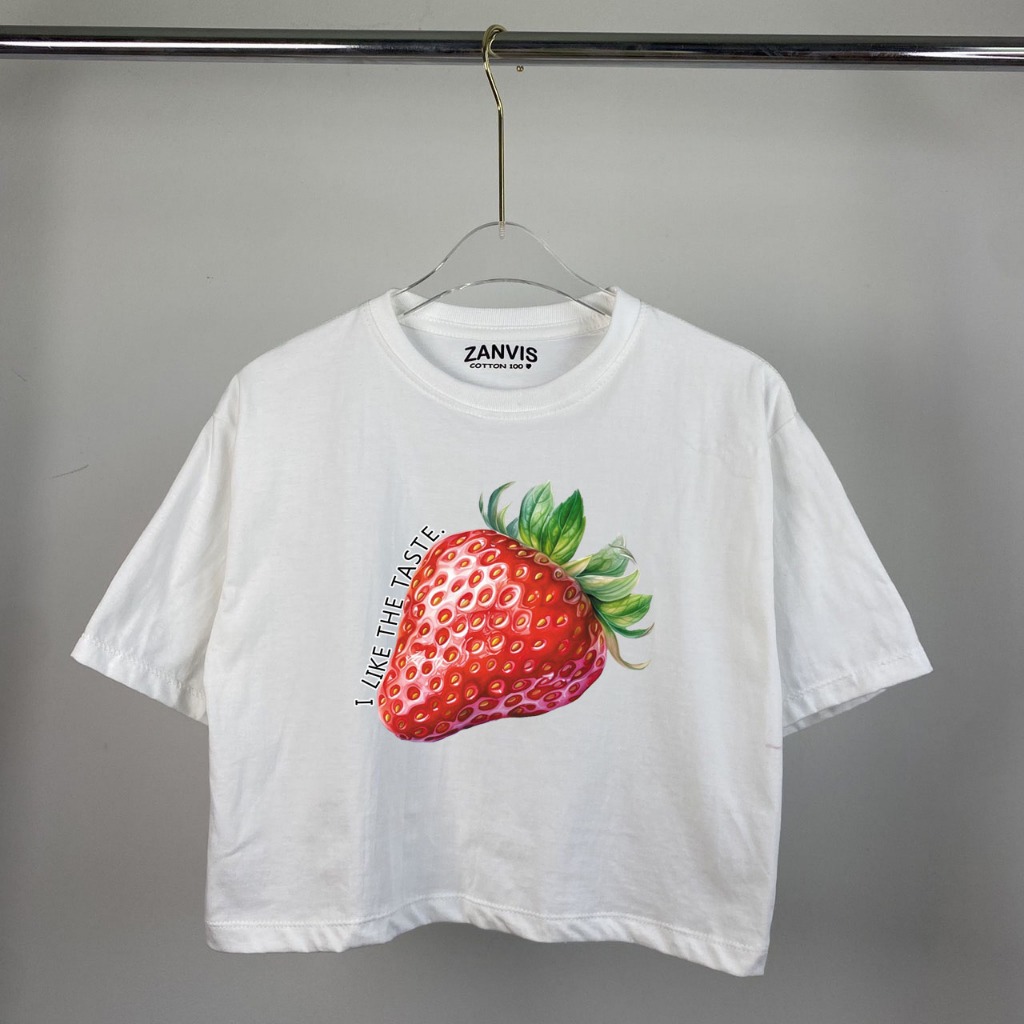 เสื้อครอปสกรีนลาย สตอเบอร์รี่ มีให้เลือก 7 ไซค์ คอกลม คอวี