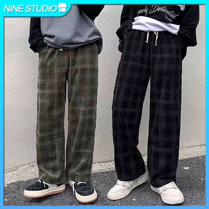 กางเกงขายาว baggy กางเกงขายาวผู้ชายลายสก๊อต, กางเกงแฟชั่นสไตล์เกาหลี กางเกงลูกฟูก เอวยางยืด