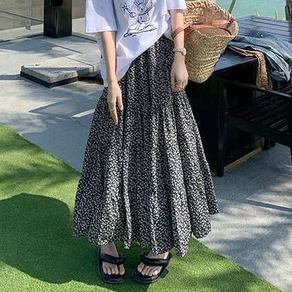 กระโปรงยาว กระโปรงเกาหลี ทรงเอ ออกเเบบสามชั้น ใส่เย็นสบาย#2374