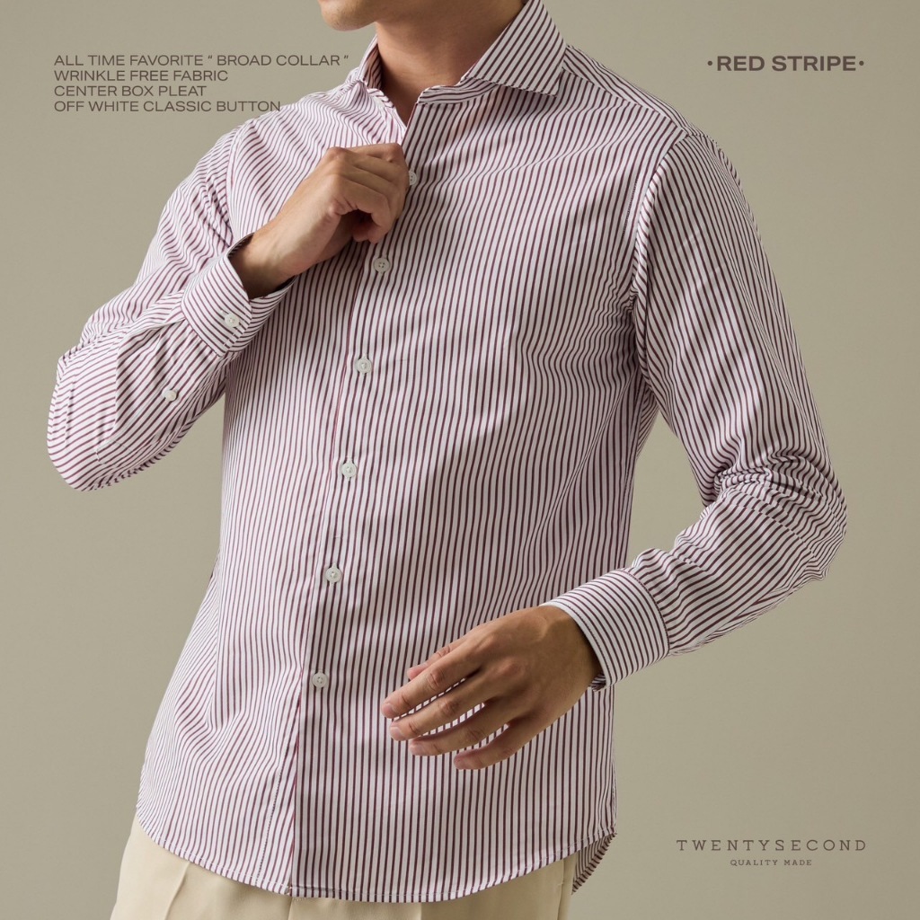 TWENTYSECOND เสื้อเชิ้ตแขนยาว ปกป้าน ทรง Slim fit รุ่น Wrinkle Free Dress Shirt - แดง / Stripe Red