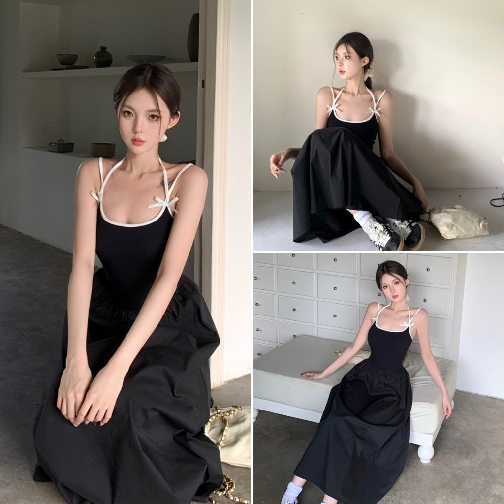 cherryshop พร้อมส่ง ชุดเดรสสายเดี๋ยวผู้หญิง เดรสยาวแฟชั่น ชุดดําเซ็กซี่ สายเดี๋ยวริบบิ้นโบว์ รุ่นใหม่ล่าสุด