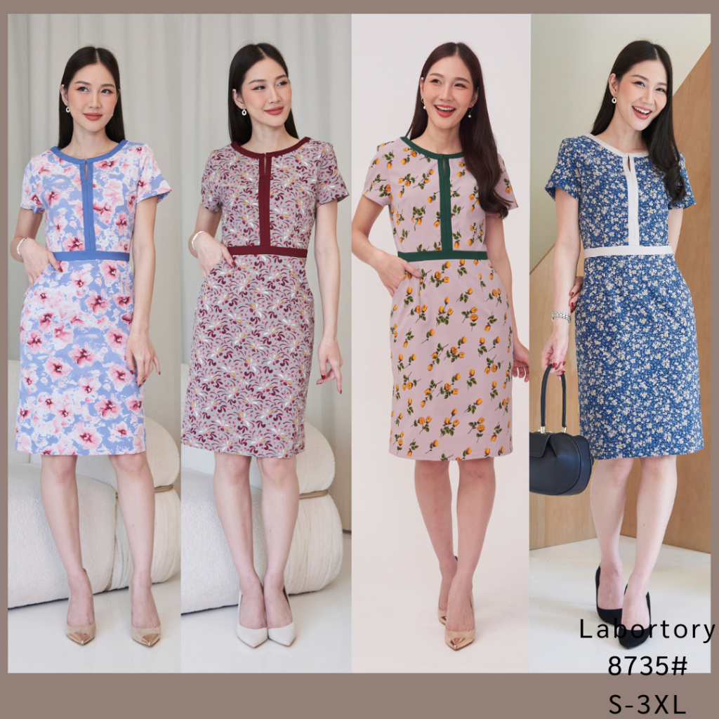 *Laboratory* เดรส 8735# เดรสผ้าพิมพ์ลายอัดผ้ากาว คอกลมแต่งกุ้นขอบ ไซส์ S-3XL