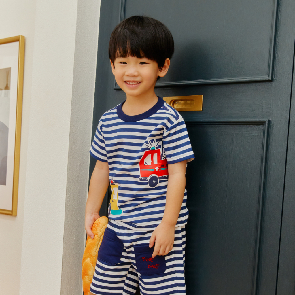 e'clat เสื้อเด็กผู้ชาย 1-6ปี เสื้อยืดคอกลม เเขนสั้น พิมพ์ลายริ้ว+สกรีนลายรถ ผ้าcotton 100% 9009