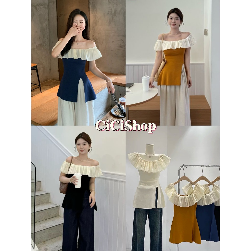 Cicishop(R32)เสื้อไหมพรมสามารถปาดไหล่ได้หรือคลุมได้ detail ตรงปกเป็นผ้าชีฟองสไตล์เกาหลี