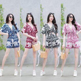 เสื้อผูกหน้าลายช้างสุดชิค + กางเกงขาสั้น