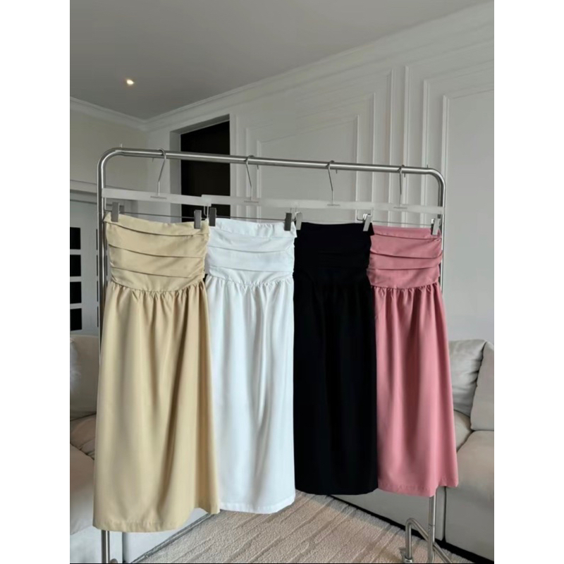 ใช้โค้ด30% ลดเหลือ274.-!! พร้อมส่ง |PTDRESS ชุดเกาะอกเดรสยาวจับจีบที่อก PROMTHONG