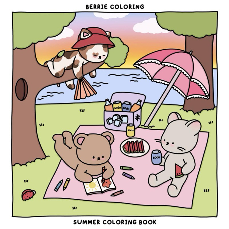 Berrie Coloring Summer: สมุดระบายสีน่ารักและอบอุ่นสําหรับเด็กและผู้ใหญ่ที่มีภาพประกอบสัตว์ระบายสีง่ายและฉากน่ารัก