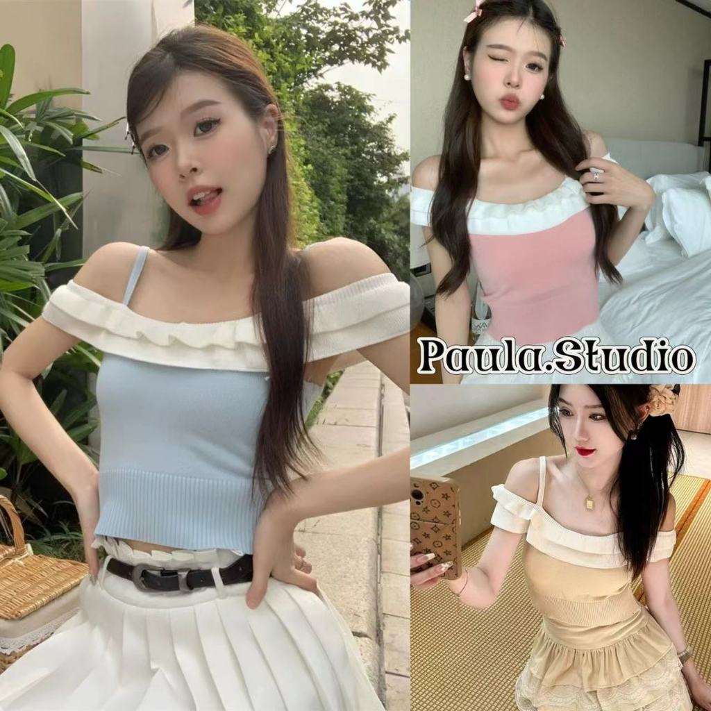 Paula พร้อมส่ง เสื้อเปิดไหล่แฟชั่นผู้หญิง เสื้อกล้ามสายเดี่ยวเซ็กซี่ เสื้อครอป ผ้าไหมพรมดีเทลปาดไหล่ เข้ารูป ชุดไปทะเล