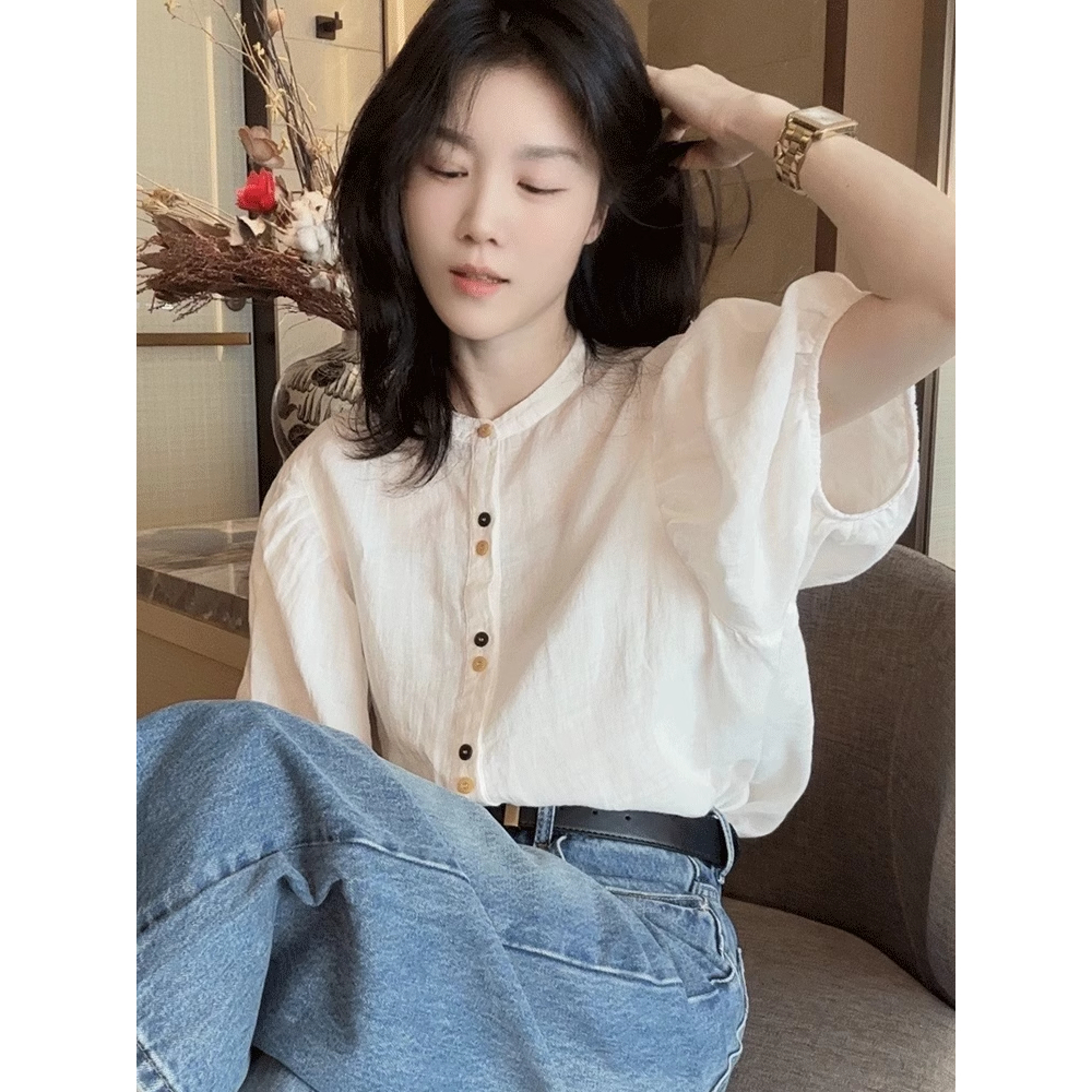 ล้างสต็อก SMDB5066  Shirt เสื้อเชิ้ตคอจีน แต่งกระดุมเล็กน่ารัก แขนพองสไตล์เกาหลี ฟรีไซส์ อก 46