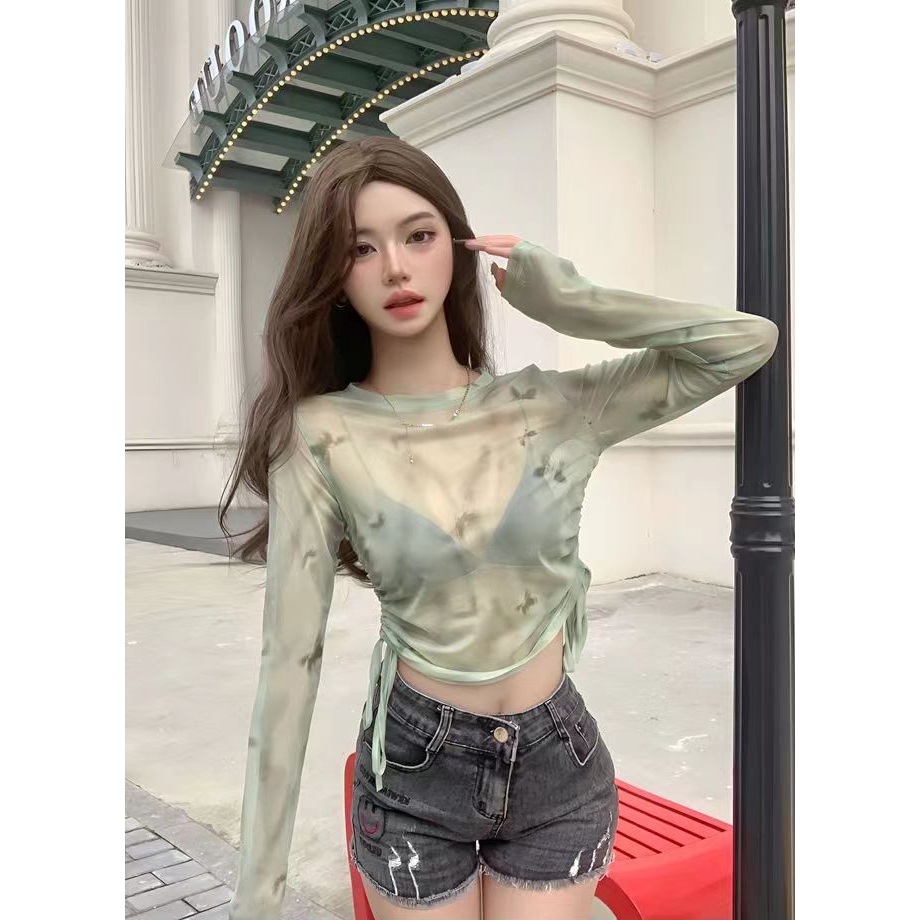 ครอปเเขนยาว เสื้อกันเเดด เซ็กซี่ รูดเชือกด้านข้าง กันเเดด สไตล์Y2K #J2241