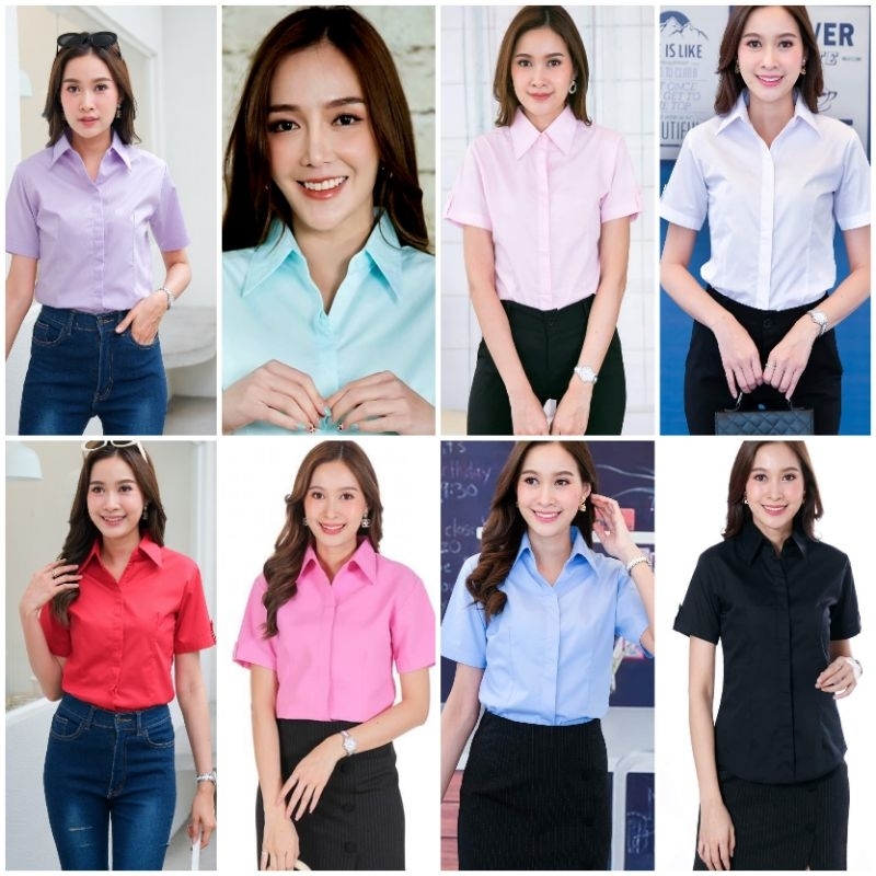 เสื้อเชิ้ตผู้หญิงแขนสั้น(ผ้าร่องสีพื้น)