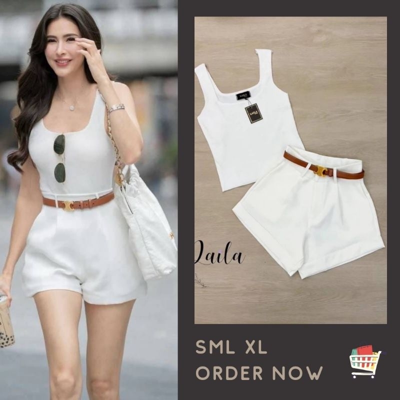 * S-XL ชุดเซ็ท เสื้อกล้าม + กางเกงขาสั้นสีขาว *ล้อตนี้เข็มขัดสีดำ* งานป้าย Laila ชุดเที่ยวทะเล