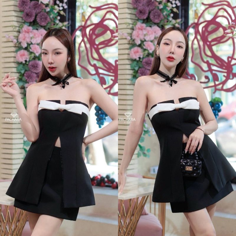 เซ็ต 3 ชิ้น เสื้อเกาะอกสีดำแต่งผ่าด้านหน้า(01004SA)