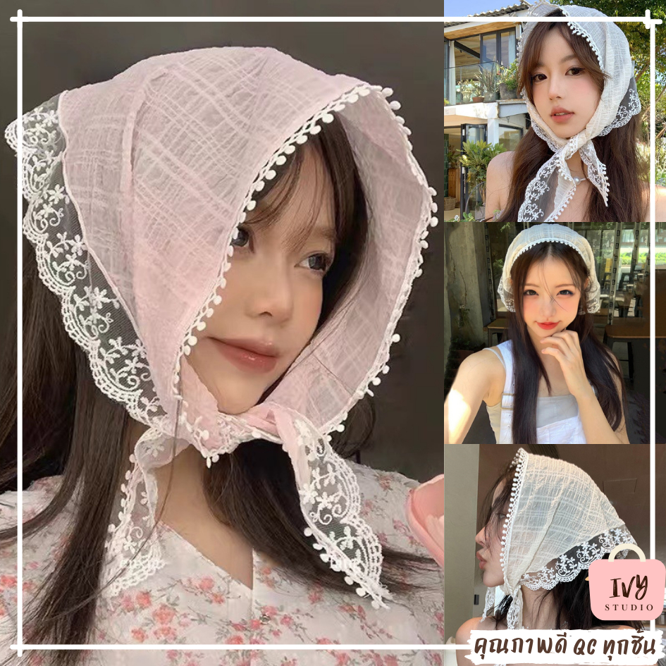 ผ้าพันคอ ผ้าโพกศีรษะ (E04) ทรงสามเหลี่ยม แต่งลูกไม้ ลายดอกไม้ สำหรับผู้หญิง