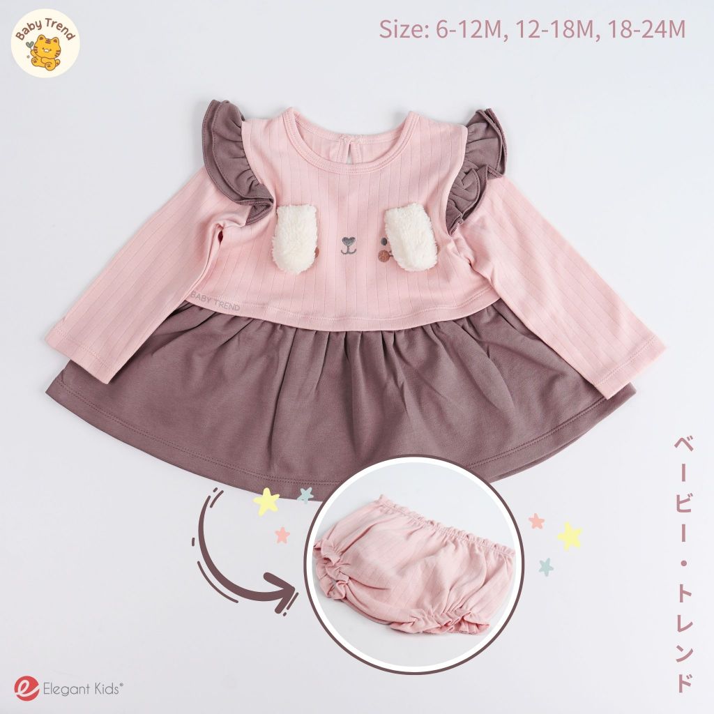 Elegant Kids ชุดเดรสแขนยาวลูกสาวพร้อมกางเกงตัวจิ๋ว มีไซส์ 6-24 เดือน ลายกระต่าย-ชมพู