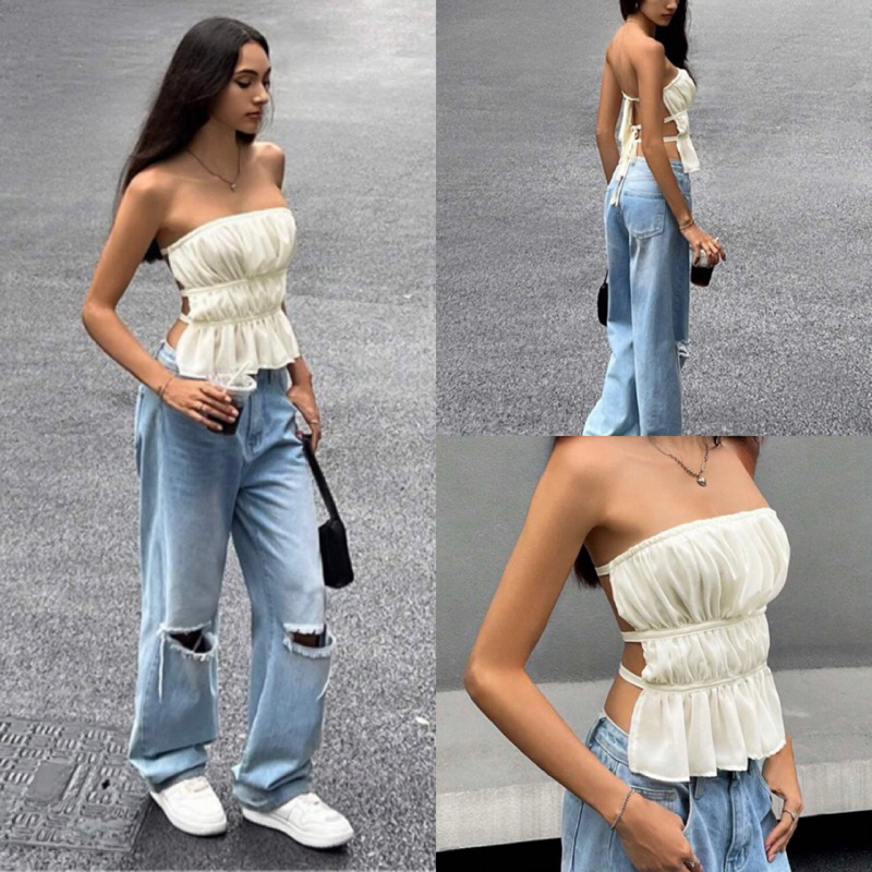 𝐌𝐀𝐘𝐔 พร้อมส่ง เสื้อเกาะอกงานโชว์หลังมีสายผูกเก๋ๆ