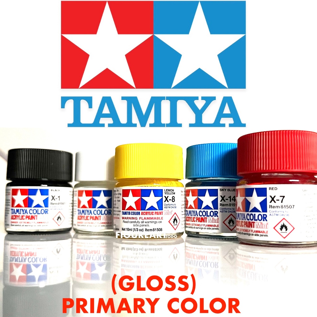 TAMIYA ACRYLIC PAINT MINI PRIMARY COLOR GLOSS(water-based) กลุ่มสีเงา สีอะคริลิคสูตรน้ำ ไฮบริท ของทามิย่า