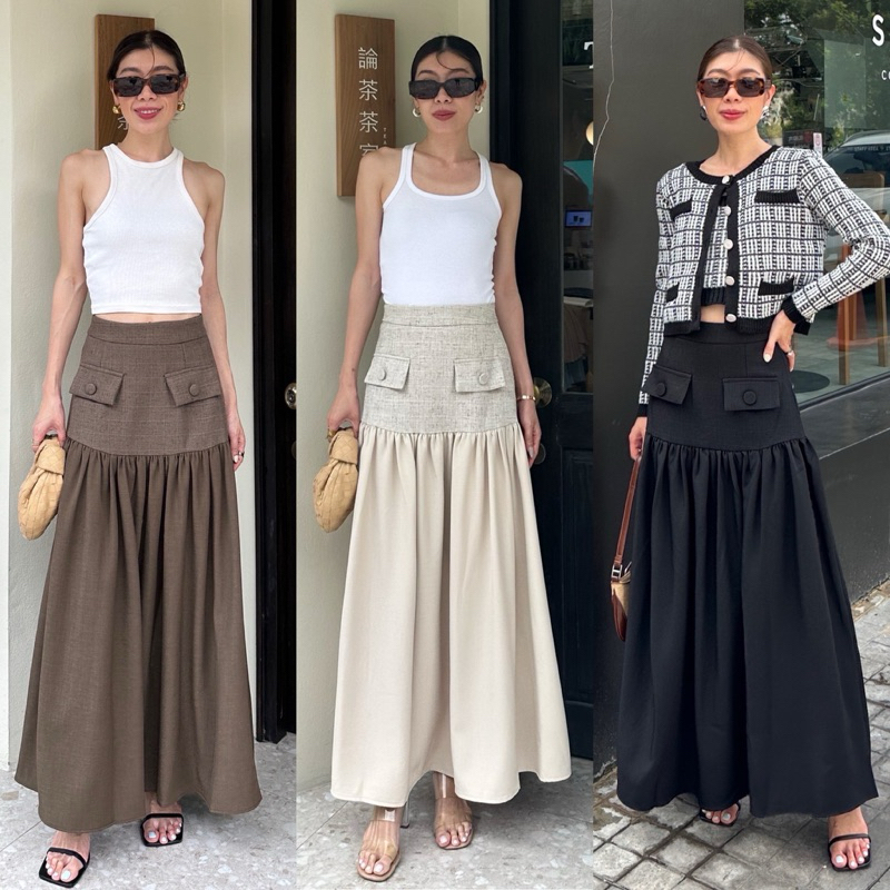พร้อมส่ง 2 layers Tweet Maci Skirt #16305 x2 กระโปรงทรงแมกซี่ กระโปรงยาว ทรงสวย