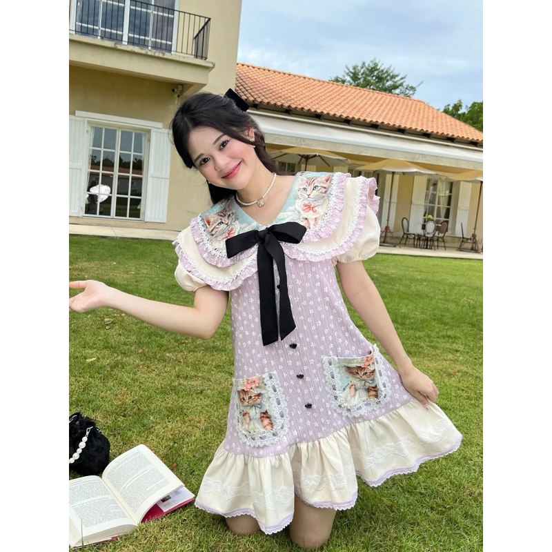 BLT BRAND 💜💜 XL 💜💜 มินิเดรสม่วงลายน้องแมวแต่งโบว์ด้านหน้า